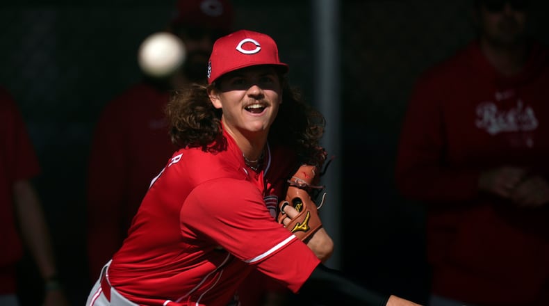 Cincinnati Reds pitcher Rhett Lowder follows through on a pitch during spring training baseball workouts in Goodyear, Ariz., Wednesday, Feb. 14, 2024. (AP Photo/Carolyn Kaster)