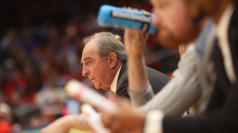 La Salle's Fran Dunphy watches the action during a game against Dayton on Tuesday, Dec. 31, 2024, at UD Arena. David Jablonski/Staff