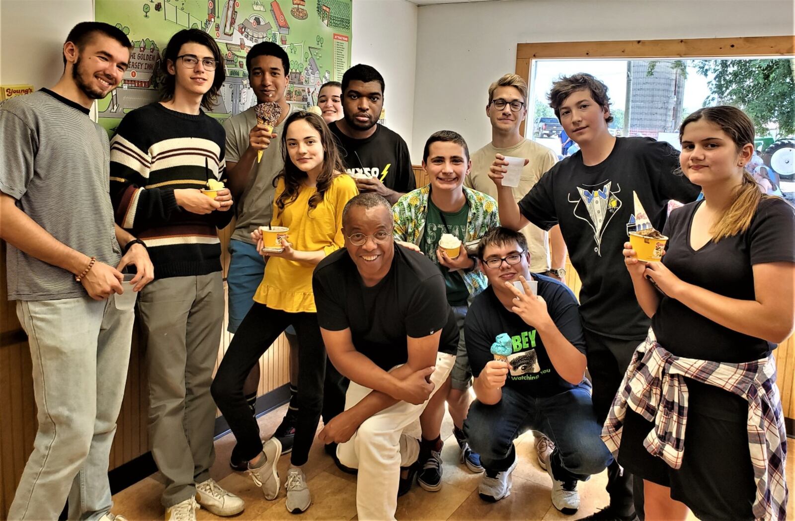 Dayton Youth Radio students and instructor Basim Blunt celebrate the final day of the 2019 Summer class at Young's Dairy in Yellow Springs. CONTRIBUTED