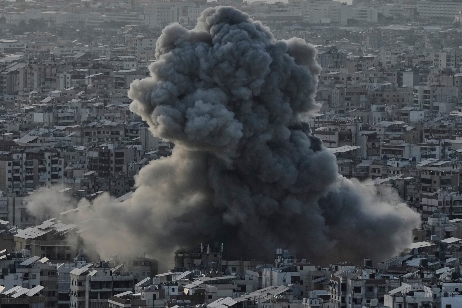 Smoke rises following an Israeli airstrike on Dahiyeh in the southern suburb of Beirut, Lebanon, Sunday, April 27, 2025. (AP Photo/Bilal Hussein)