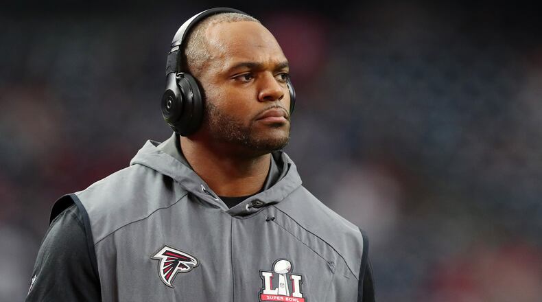 HOUSTON, TX - FEBRUARY 05: Dwight Freeney #93 of the Atlanta Falcons looks on prior to Super Bowl 51 against the New England Patriots at NRG Stadium on February 5, 2017 in Houston, Texas. (Photo by Tom Pennington/Getty Images)