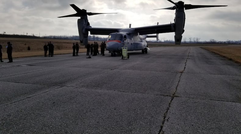 A Marine Corps MV-22 landed at Wright-Patterson Air Force Base on Tuesday to become a permanent part of medical studies at the Naval Medical Research Unit-Dayton. CONTRIBUTED