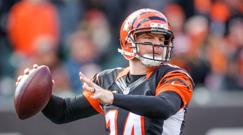 Cincinnati Bengals quarterback Andy Dalton looks to throw a pass during their 16-12 loss to the Buffalo Bills Sunday, Nov. 20 at Paul Brown Stadium in Cincinnati. NICK GRAHAM/STAFF