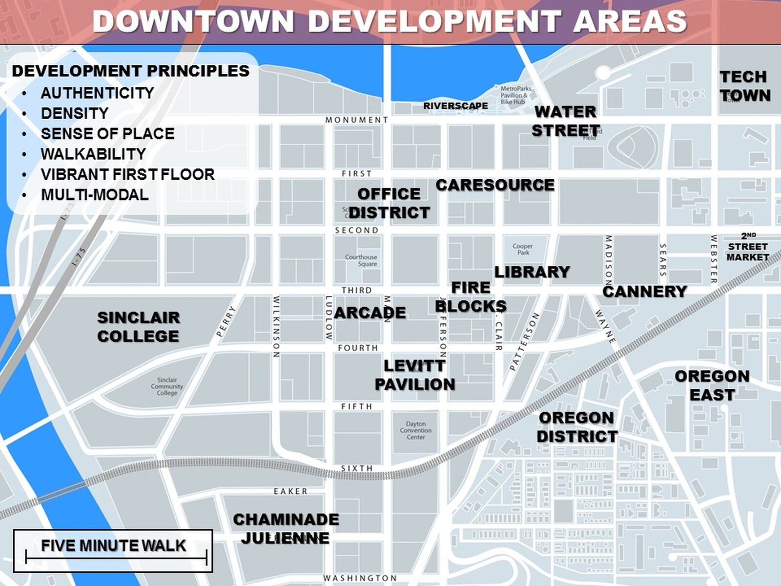 This Downtown Dayton Partnership map shows some of the landmarks and development districts in downtown Dayton as well as the partnership’s development principles.