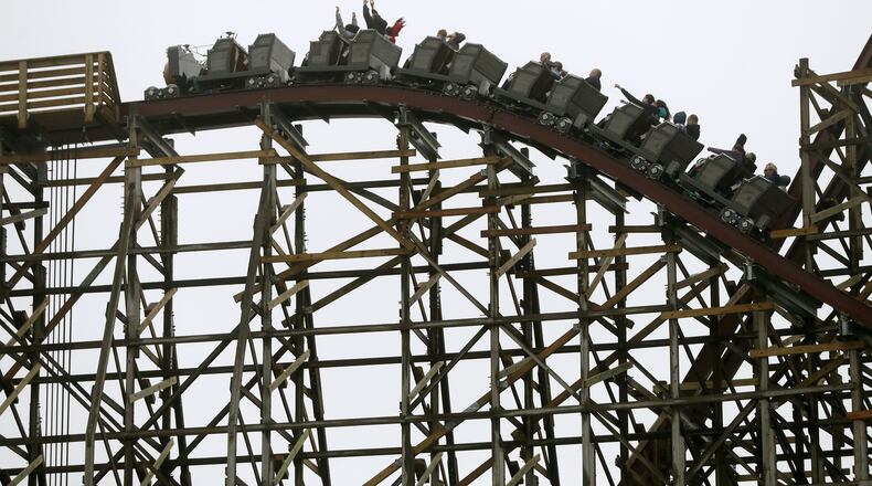 Riders enjoy the new Steel Vengeance roller coaster at Cedar Point, Wednesday, April 25, 2018.  (Marvin Fong / The Plain Dealer)
