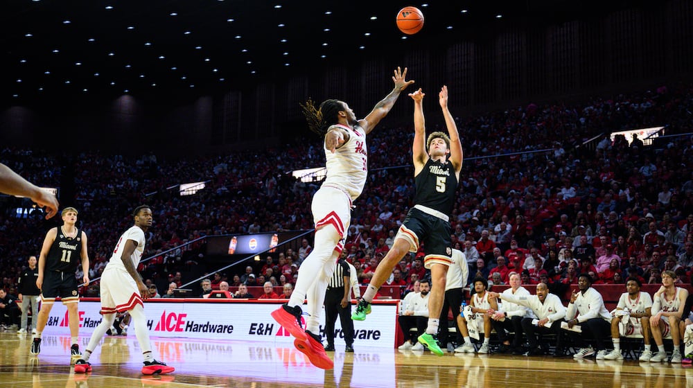 Miami University's Peter Suder shoots a jump shot during the RedHawks 85-61 victory over Northern Illinois on Saturday, Jan. 31, 2026 at Millett Hall in Oxford. JEREMY MILLER / CONTRIBUTED PHOTO