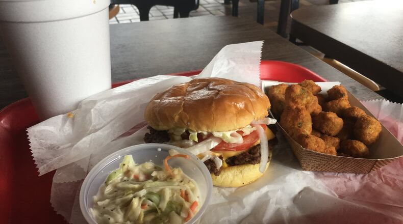 A cheeseburger, coleslaw and fried okra from Benjamin’s the Burger Master. ALEXIS LARSEN/CONTRIBUTED
