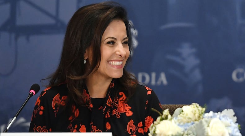 FILE Former counselor to the President of the United States Dina Powell McCormick smiles during the Women's Global Development and Prosperity (W-GDP) Initiative Roundtable, Sept. 23, 2019, in New York. (AP Photo/Sarah Stier, File)