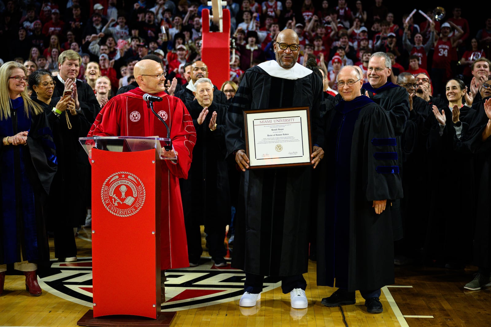 Miami legend Ron Harper was awarded an honorary degree from the university before their game against Northern Illinois on Saturday, Jan. 31, 2026 at Millett Hall. JEREMY MILLER / CONTRIBUTED PHOTO