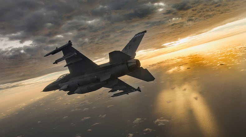 A F-16 Fighting Falcon flies during a mission at Eglin Air Force Base, Fla., Feb. 14, 2019. To support the growing demand for new F-16 Fighting Falcon from partner nations, the U.S. Air Force has teamed with Lockheed Martin Corp. to open a new production line to build the F-16 Block 70/72 fighter aircraft at the company’s facility in Greenville, S.C. 
U.S. AIR FORCE PHOTO/TECH SGT. JOHN RAVEN