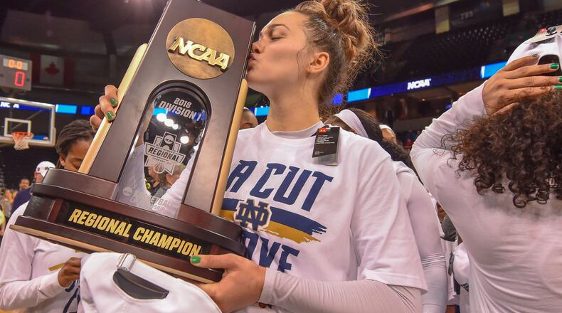 Fairmont H.S. grad and Notre Dame senior Kathryn Westbeld scored a career-high 20 points in a regional final defeat of Oregon. Notre Dame will play UConn in an NCAA Women’s basketball final four semifinal at Nationwide Arena in Columbus on Friday, March 30, 2018. PHOTO COURTESY OF NOTRE DAME
