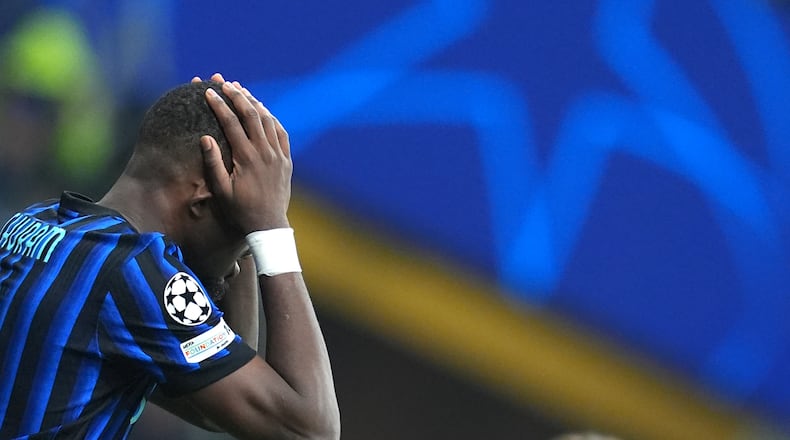 Inter Milan's Marcus Thuram reacts during the Champions League soccer match between Inter Milan and Bodø/Glimt, Tuesday, Feb. 24 , 2026 ,in Milan, Italy (Spada/LaPresse via AP)