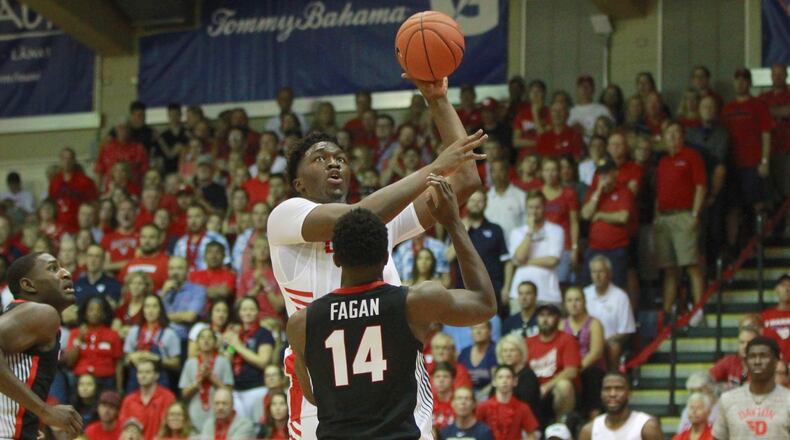 Dayton's Jordy Tshimanga scores against Georgia in the first round of the Maui Invitational on Monday, Nov. 25, 2019, in Lahaina, Hawaii.