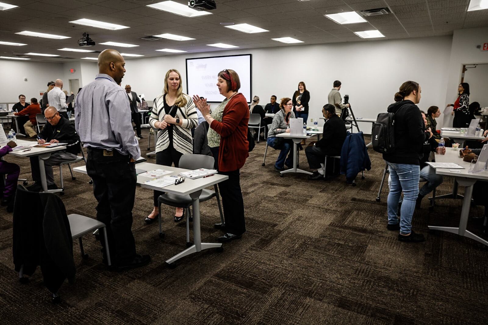 Local employers interview potential employees at the Job Center Wednesday March 27, 2024. The event is called, Reentry Reverse Career Fair which introduces previously incarcerated individuals to potential employees. JIM NOELKER/STAFF