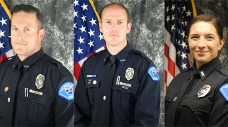 Vandalia police officers being honored, from left to right: Officer Phillip Shafer, Sgt. Douglas Nagel, and Officer Kristen Thomas. Contributed by City of Vandalia.