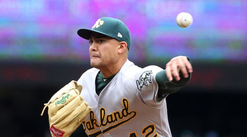 Oakland Athletics pitcher Sean Manaea in the first inning against the Seattle Mariners on Sunday, April 15, 2018, at Safeco Field in Seattle, Wash. (Ken Lambert/Seattle Times/TNS)