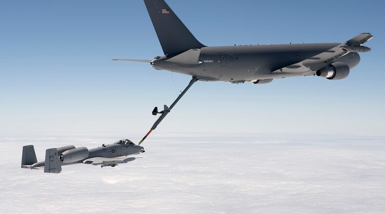 A KC-46 Pegasus refuels an A-10 Thunderbolt II during flight tests this summer. The Pentagon has Ok’d production of the long-awaited Boeing-built refueling tanker. CONTRIBUTED