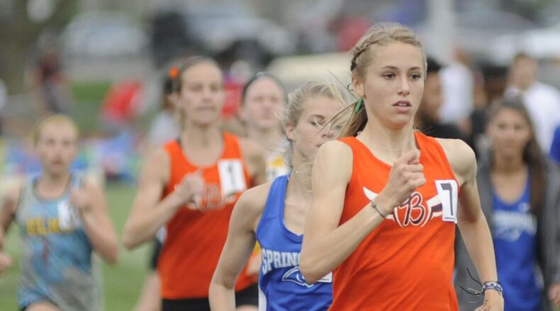 Beavercreek’s Taylor Ewert, shown here winning the GWOC 800 earlier this month, set a D-I district record in the 3,200 meters (10:41.87) at Wayne last Friday. MARC PENDLETON / STAFF