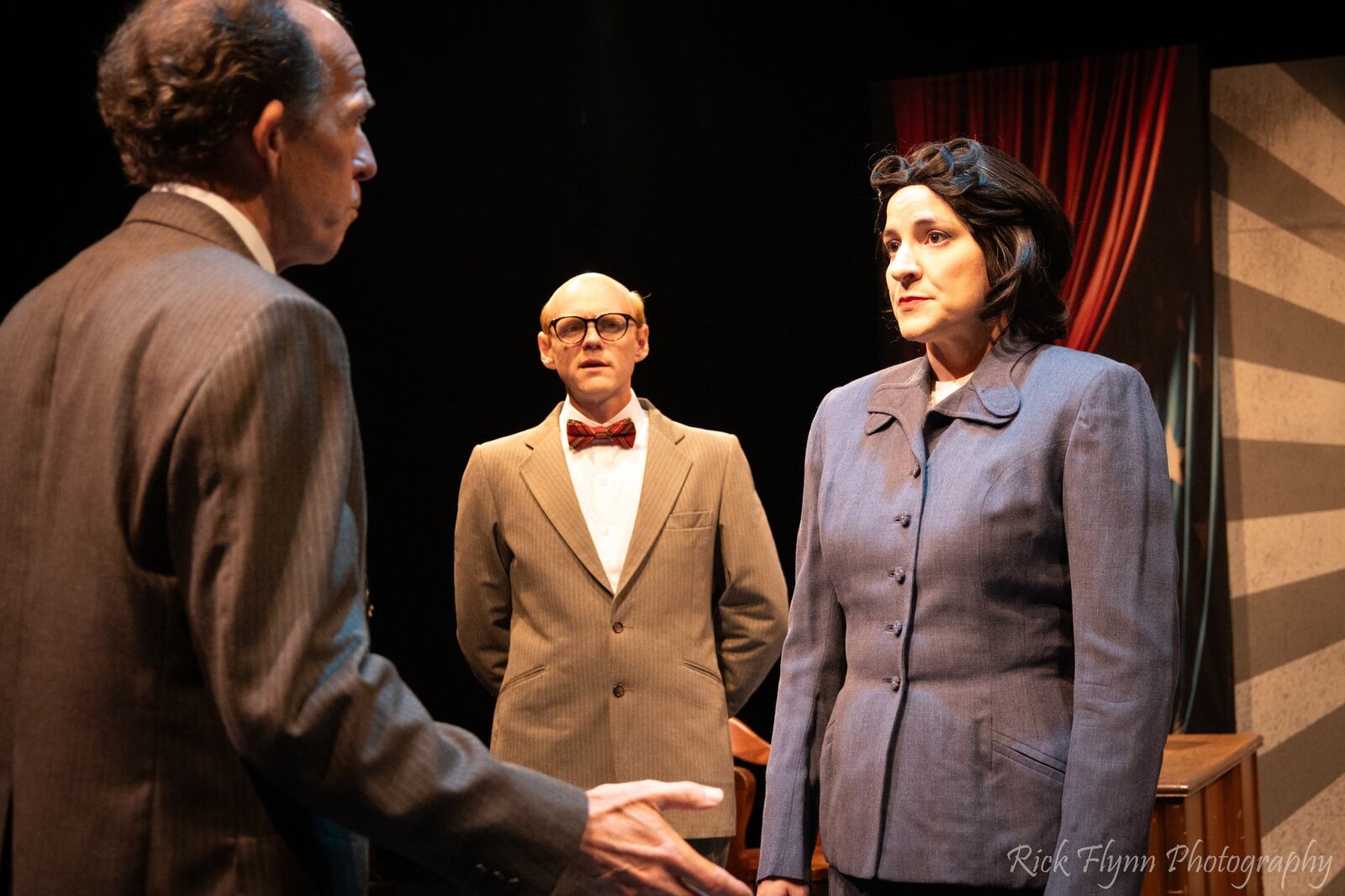 Left to right: Jim Walker (Frank Merriam), Ryan Hester (George Hatfield) and Stephanie Henry (Leone Baxter) in Dayton Theatre Guld's production of "Campaigns, Inc." Photo by Rick Flynn Photography
