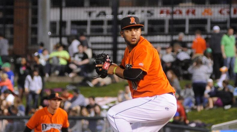 Dragons reliever Ariel Hernandez. West Michigan defeated host Dayton 5-3 in a low-Class A minor-league baseball game at Fifth Third Field on Friday, April 14, 2016. MARC PENDLETON / STAFF