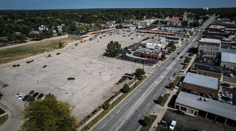 This is an aerial of Xenia Town Square (Xenia Market District) on Thursday September 21, 2023. The photograph is looking east with the city in the background. JIM NOELKER/STAFF