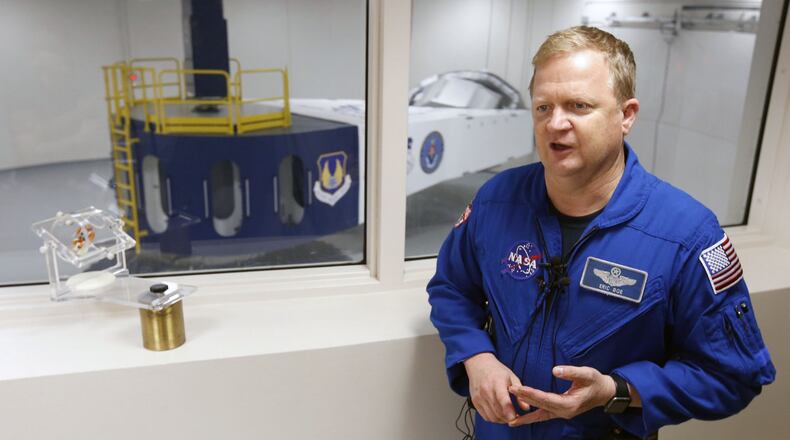 Several NASA astronauts are at Wright-Patterson Air Force Base completing training in the new Human-Rated Centrifuge that became operational in August of this year. The centrifuge helps pilots and astronauts train for flights were the body crushing force of acceleration, or g-force, affects their bodies. This centrifuge offers the astronauts the type of g-force they experience during launch and re-entry says astronaut Eric Boe. TY GREENLEES / STAFF