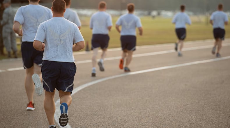 Officer Training School trainees run during an official Air Force Physical Training test, Aug. 8, 2019, at Maxwell Air Force Base, Alabama. The Air Force PT test is comprised of four components: aerobic, body composition, push-ups and sit-ups. Air Force photo by Airman 1st Class Charles Welty