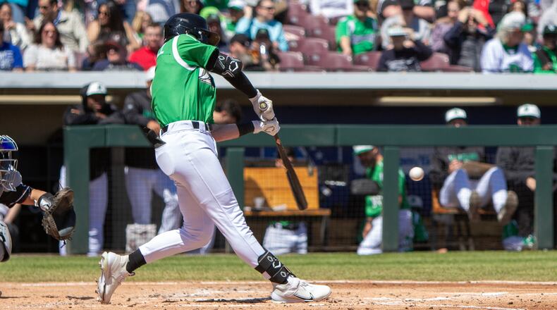Dragons outfielder Ethan O'Donnell hits a double in the second inning of Sunday's game at Day Air Ballpark. Jeff Gilbert/CONTRIBUTED