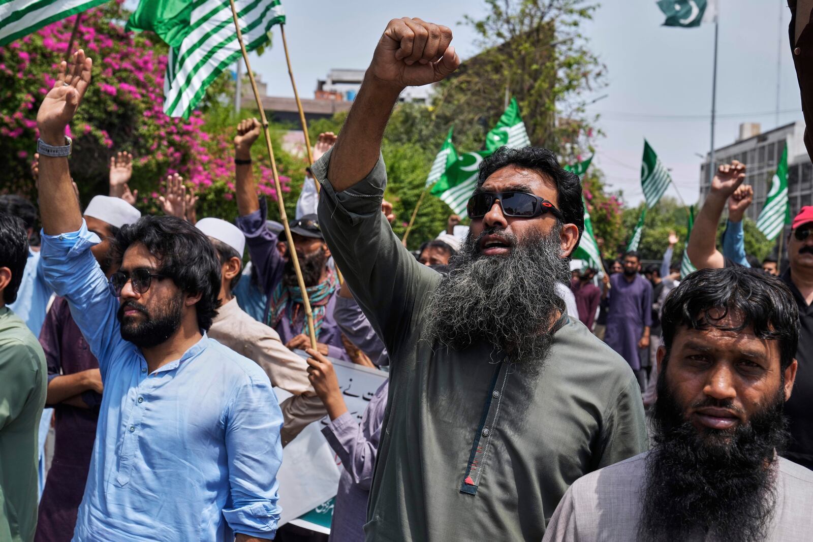 Supporters of the Pakistan Murkazi Muslim League party chant slogans during a demonstration against the suspension of water-sharing treaty by India with Pakistan, in Lahore, Pakistan Thursday, April 24, 2025.(AP Photo/K.M. Chaudary)