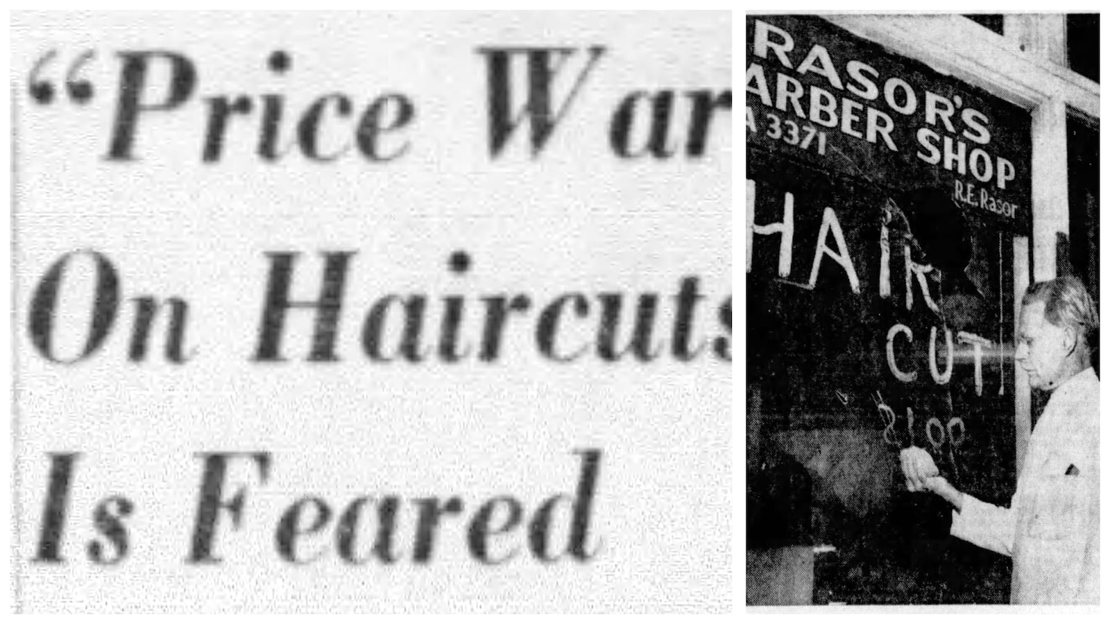 R. E. Rasor, owner of a barber shop at 610 Wilfred Ave. is holding the rock which crashed through his plate glass window. Rasor thinks some other barbers are trying to "pressure" his haircut prices up. DAYTON DAILY NEWS ARCHIVES 1950.