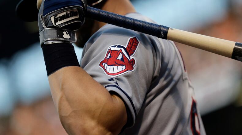 FILE - This June 26, 2015, file photo, shows the Cleveland Indians logo on a jersey during a baseball game against the Baltimore Orioles in Baltimore. Indians are taking the divisive Chief Wahoo logo off their uniforms and caps, starting in 2019. (AP Photo/Patrick Semansky, File)