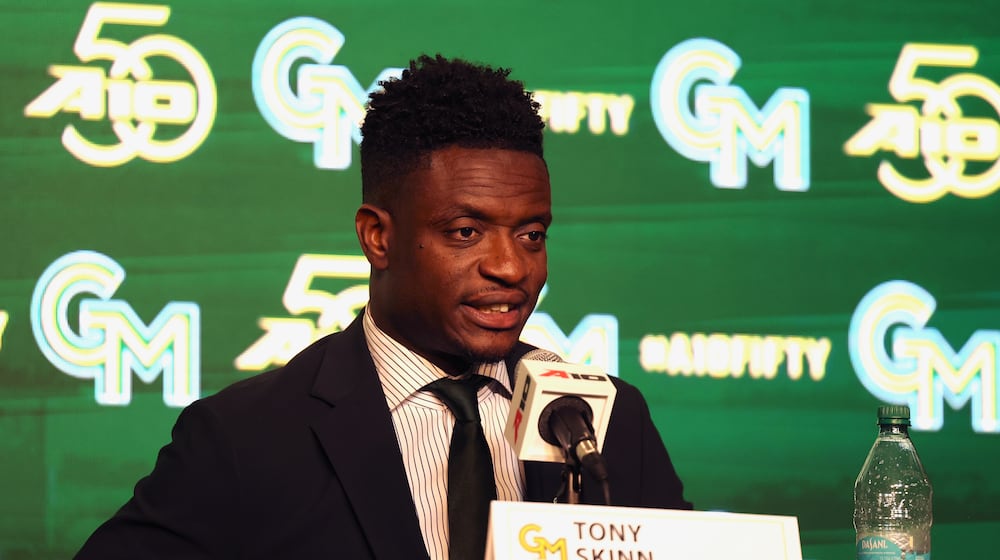 George Mason's Tony Skinn speaks at Atlantic 10 Conference Media Day on Tuesday, Sept. 30, 2025, in Pittsburgh. David Jablonski/Staff