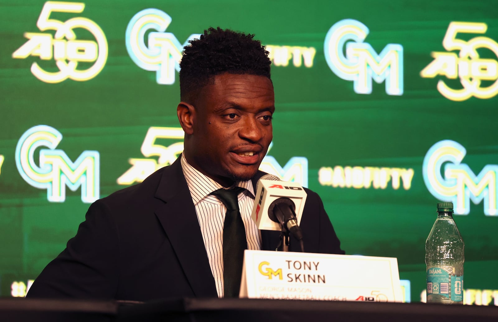 George Mason's Tony Skinn speaks at Atlantic 10 Conference Media Day on Tuesday, Sept. 30, 2025, in Pittsburgh. David Jablonski/Staff