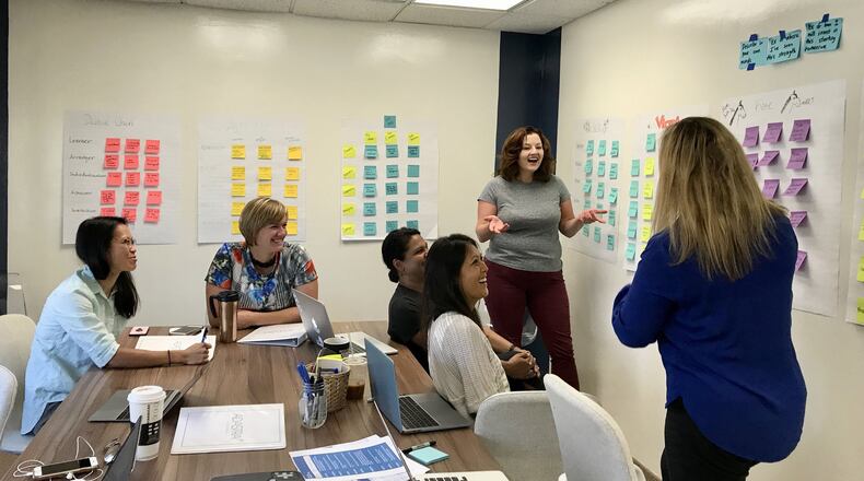 Hera Labs in Sorrento Valley will host some of the courses offered during Ad Astra’s 12-week launch intensive program for female founders. Pictured here are Debbie K. Chen, Hydrostasis founder; Julie Collens, Vivid Genomics founder; Vidya Dinamani, Ad Astra co-founder; Kate Dilligan, Cooler Heads founder (standing); Allison Long Pettine, Ad Astra co-founder; and Dr. Silvia Mah, Ad Astra co-founder. (Hera Labs)