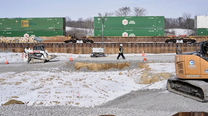 Construction crews at the site of the last year's derailment in East Palestine, Ohio, on Jan. 17, 2024. Train traffic through East Palestine resumed just days after the crash. (Ross Mantle/The New York Times)