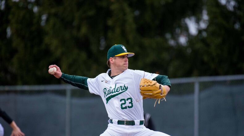 Wright State’s Bear Bellomy fires a pitch plateward during a game against Milwaukee earlier this season. Last week Bellomy was named Horizon League Pitcher of the Week. Joseph Craven/CONTRIBUTED