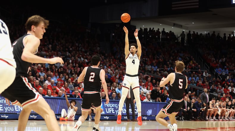 Dayton's Koby Brea shoots against Davidson on Tuesday, Feb. 27, 2024, at UD Arena. David Jablonski/Staff
