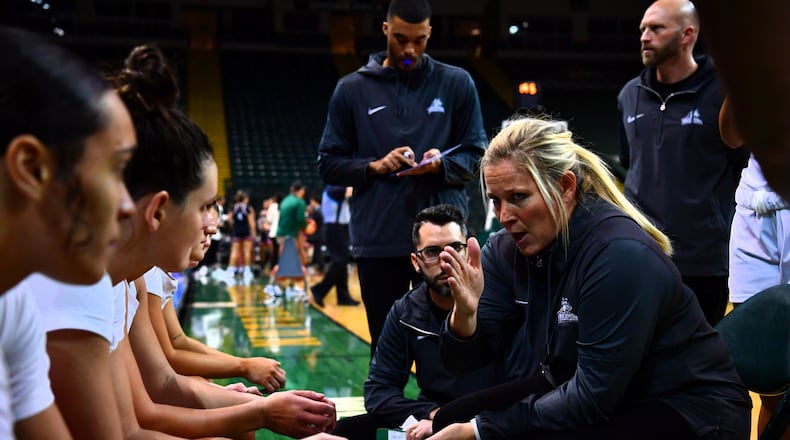 Wright State women's basketball coach Kari Hoffman talks to her team during a game earlier this season. Joe Craven/Wright State Athletics