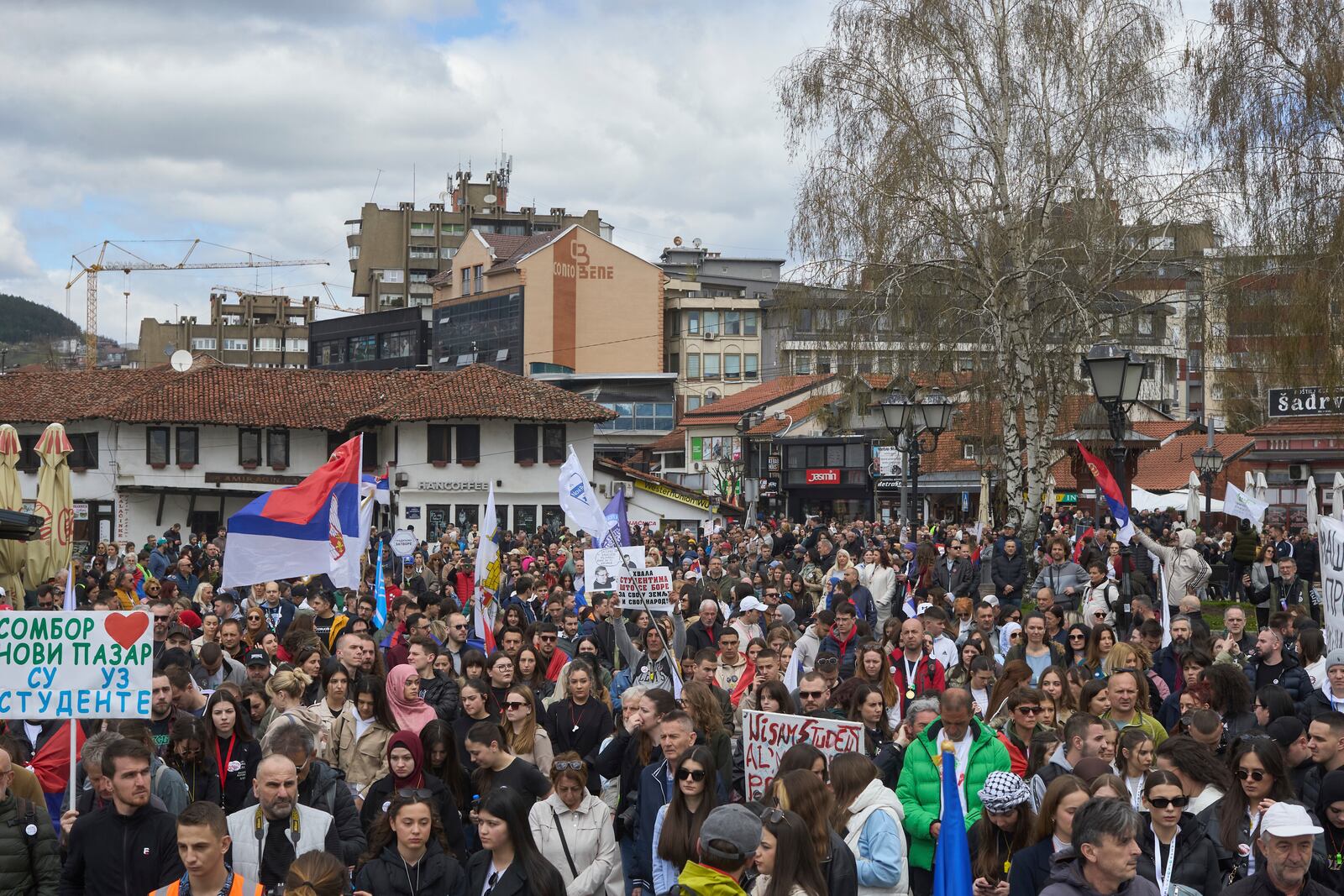 People attend an anti-corruption protest in the southwestern town of Novi Pazar, Serbia, Saturday, April 12, 2025. (AP Photo/Marko Drobnjakovic)