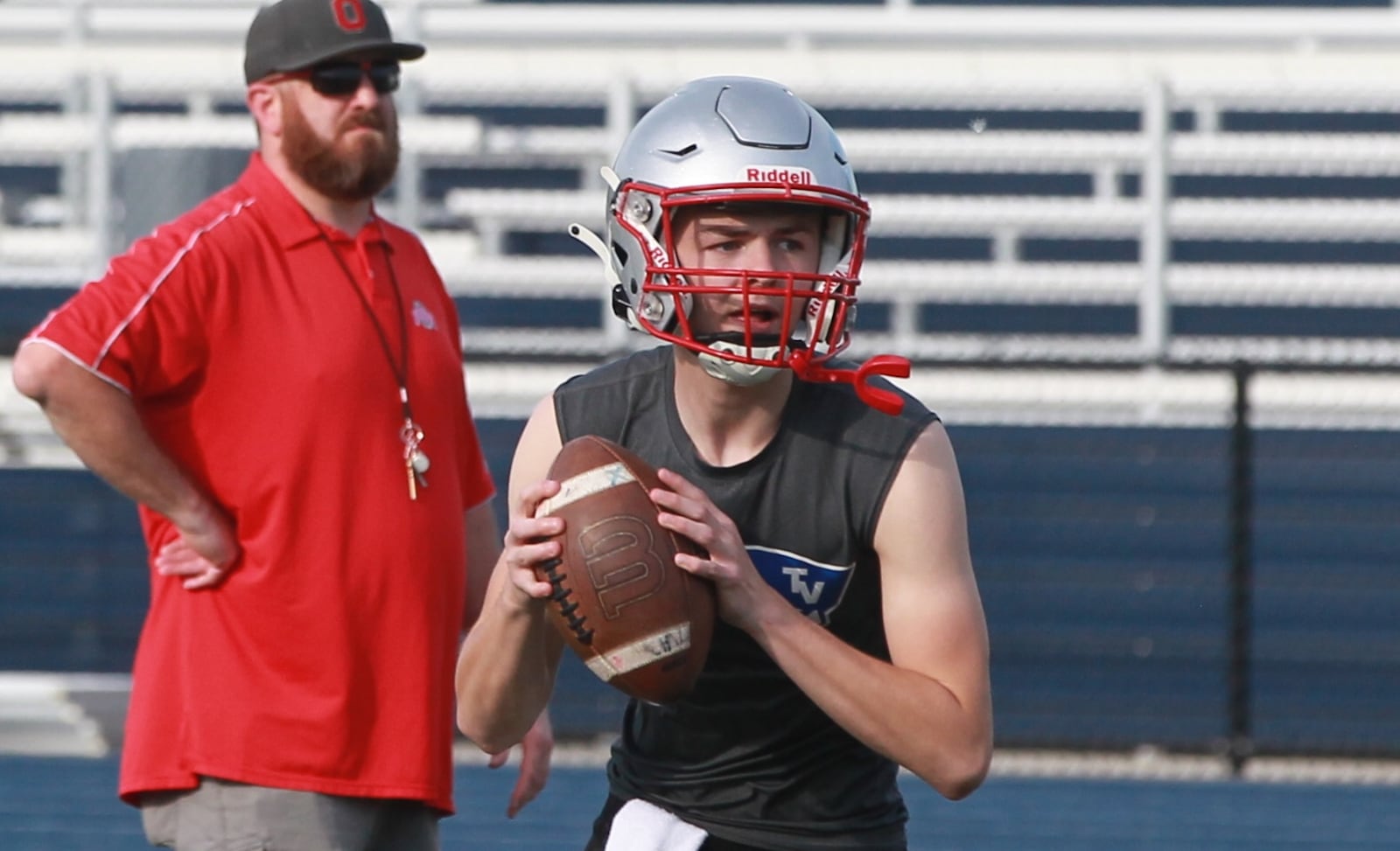 Tri-Village quarterback Trey Sagester at the high school football 7 on 7 Fairborn on May 19, 2025.