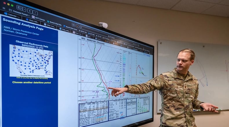 U.S. Air Force Maj. William Graff, Air Force Institute of Technology chief of weather integrations and instructor, briefs meteorological charts during a class at Wright-Patterson Air Force Base, April 4, 2025. AFIT is a postgraduate institution and provider of professional and continuing education for service members. (U.S. Air Force photo by Daniel Peterson)