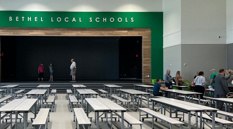 The lunchroom and stage area of the new Bethel Elementary School, during family tours in August 2023. AIMEE HANCOCK/STAFF