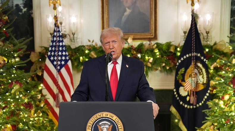 President Donald Trump delivers an address to the nation from the Diplomatic Reception Room of the White House in Washington, on Wednesday, Dec. 17, 2025. (Doug Mills/The New York Times)