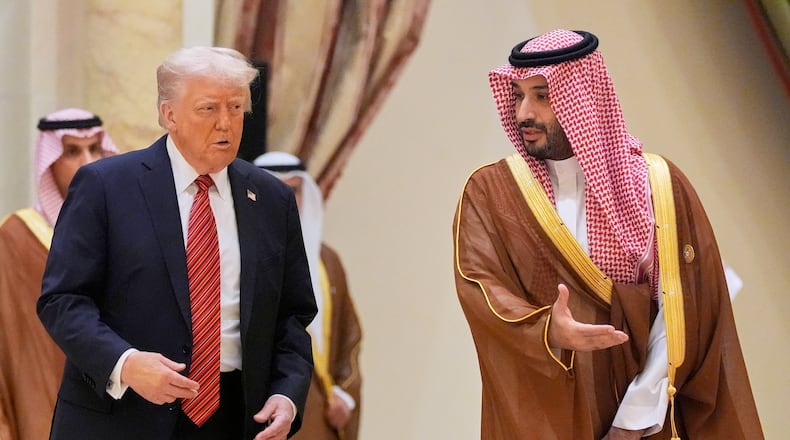 FILE - President Donald Trump arrives with Saudi Crown Prince Mohammed bin Salman for the group photo with Gulf Cooperation Council leaders during the GCC Summit in Riyadh, Saudi Arabia, May 14, 2025. (AP Photo/Alex Brandon, File)