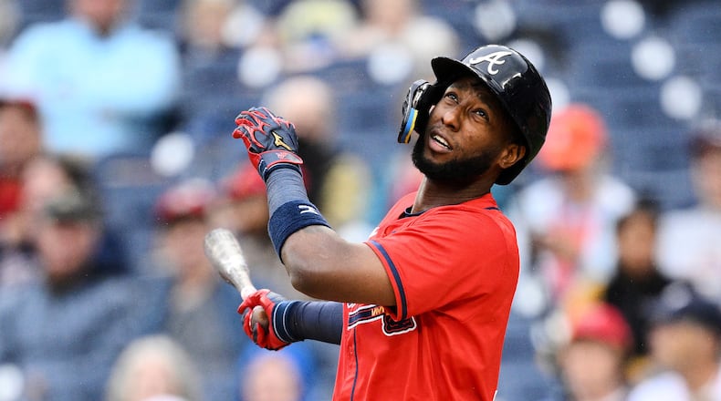 FILE - Atlanta Braves' Jurickson Profar reacts during a baseball game against the Washington Nationals, Wednesday, Sept. 17, 2025, in Washington. (AP Photo/Nick Wass, File)