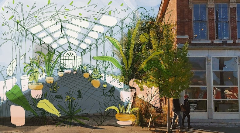 An artist's sketch of St. Anne the Tart's "greenhouse cafe" that community members will help build this weekend. Funding for the project is from a CARES Act the coffeehouse and bakery obtained from the city of Dayton. CONTRIBUTED