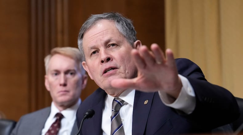 FILE - Sen. Steve Daines, R-Mont., speaks at the Senate Finance Committee confirmation hearing for Scott Bessent, President-elect Donald Trump's choice to be Secretary of the Treasury, at the Capitol in Washington, Jan. 16, 2025. (AP Photo/Ben Curtis, File)
