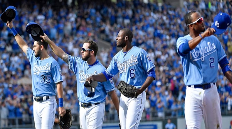 From left, the Kansas City Royals' Eric Hosmer, Mike Moustakas, Lorenzo Cain and Alcides Escobar exit the game together against the Arizona Diamondbacks in the final game of the season on October 1, 2017, at Kauffman Stadium in Kansas City, Mo. (John Sleezer/Kansas City Star/TNS)