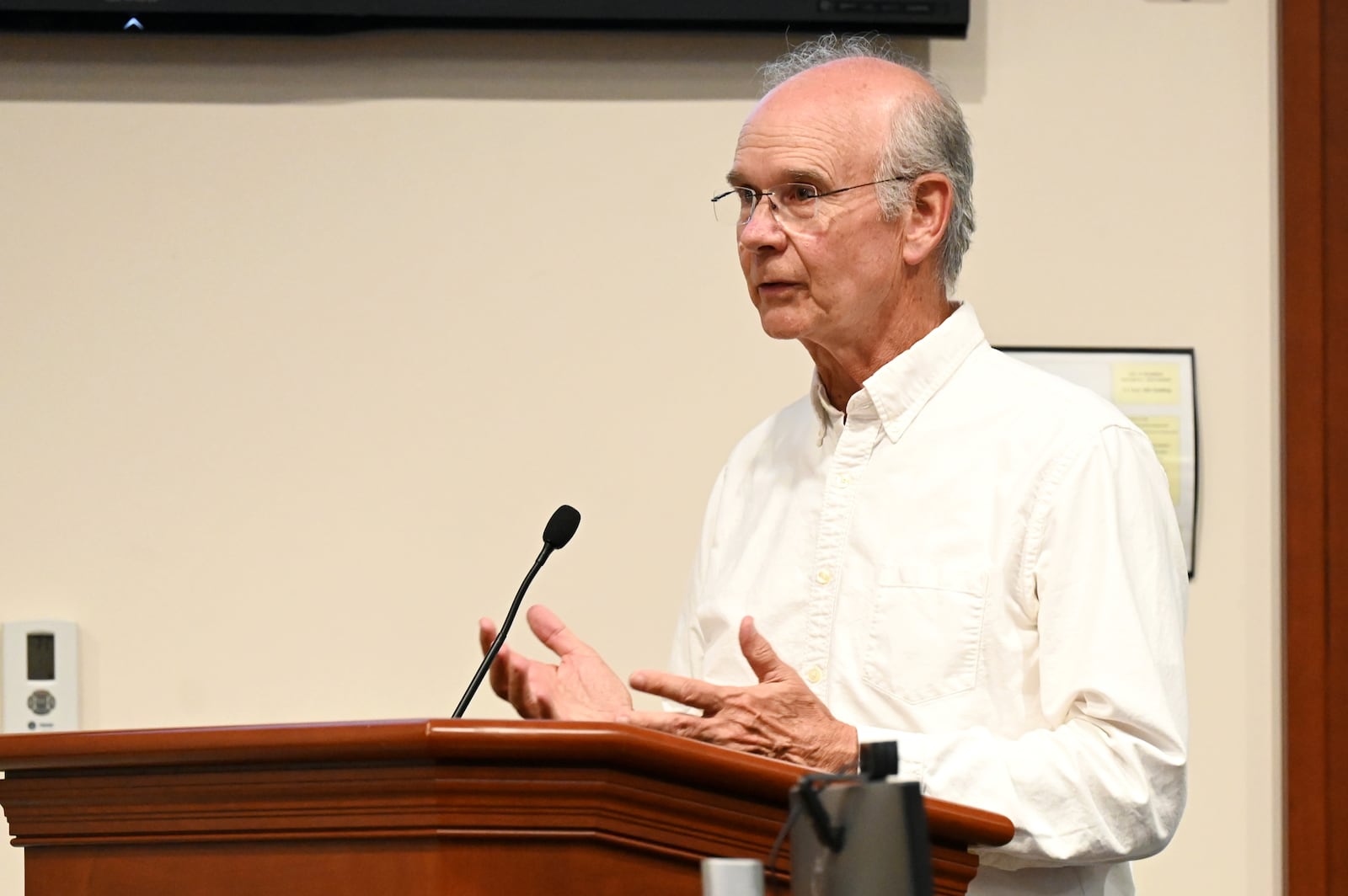 Ken Schon, with the Cincinnati area developer Bloomfield/Schon, speaks during a discussion of his redevelopment project in Lindenwald at Hamilton City Council meeting on Wednesday, June 11, 2025. Bloomfield/Schon is planning a $29 million redevelopment project at the former Shuler & Benninghofen Woolen Mill. MICHAEL D. PITMAN/STAFF