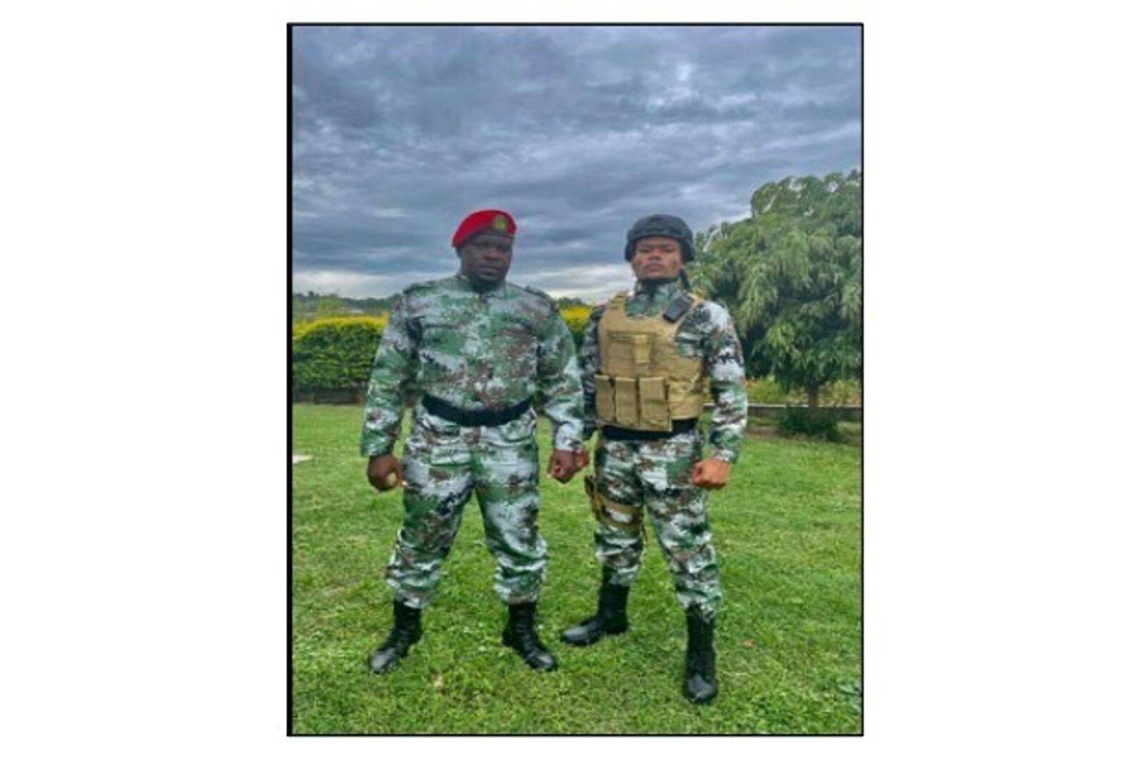 In this unknown location and date image released by the U.S. Dept. of Justice, Christian Malanga, left, and Marcel Malanga can be seen wearing military-style uniforms which was posted to social media on Jan. 6, 2024. (U.S. Dept. of Justice via AP)